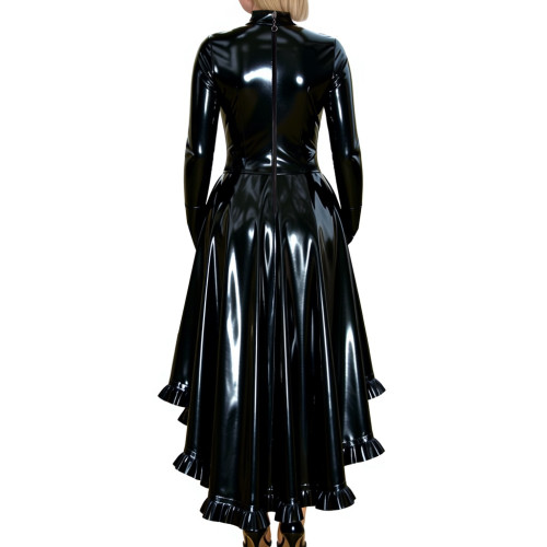 Coctail Party Glossy High Low Swing Dresses Vintage PVC Shiny Leather Women Pleated Gloved Dress Carnival Vestidos Plus Size
