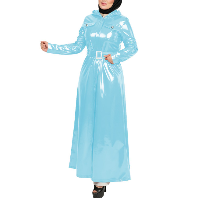 Plus Size Gothic Hooded Long Dress Full Sleeves Pockets Wetlook Trench Coat with Belt Womens PVC Shiny Maxi Jacket Overcoat Tops