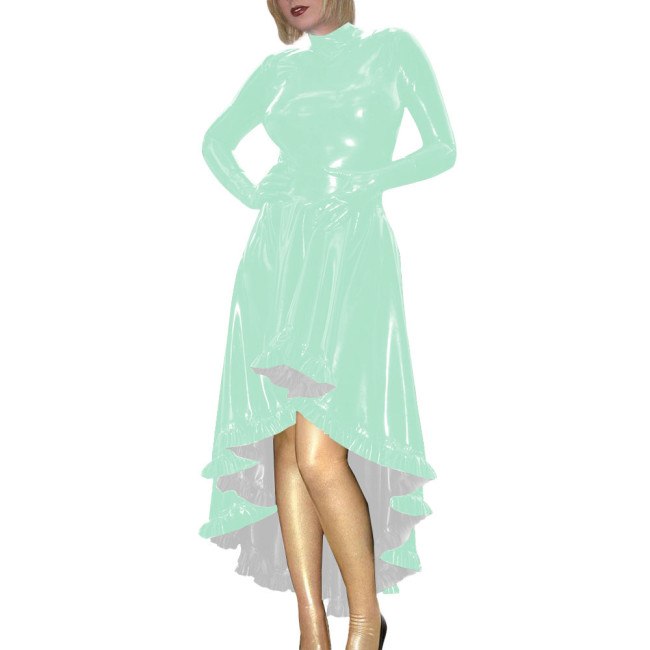 Coctail Party Glossy High Low Swing Dresses Vintage PVC Shiny Leather Women Pleated Gloved Dress Carnival Vestidos Plus Size