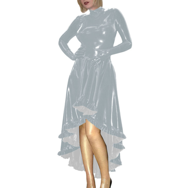 Coctail Party Glossy High Low Swing Dresses Vintage PVC Shiny Leather Women Pleated Gloved Dress Carnival Vestidos Plus Size