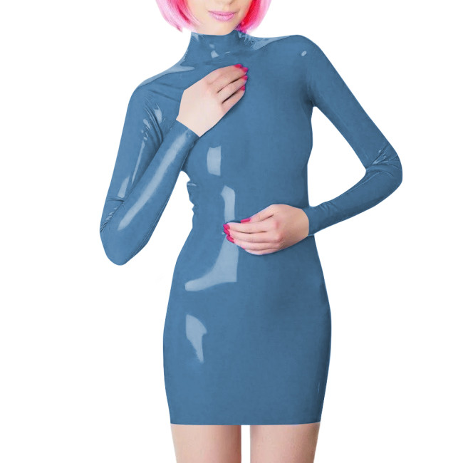 Plus Size Long Sleeve Bodycon Mini Dress PVC Leather High Neck Solid Slim Fit Short Dressses Elegant Women's Dress Streetwear