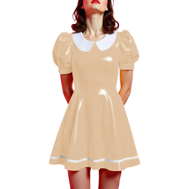 Peter Pan Collar Mini Vintage Swing Dresses Glossy PVC Leather Puff Sleeve A-line Short Dress Women Elegant Preppy Style Dress