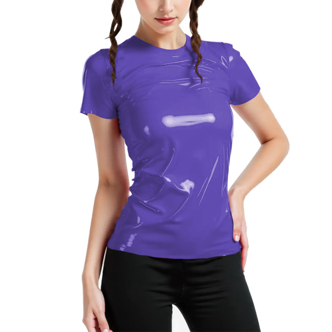Women PVC Glossy Leather O-neck Tops Short Sleeve Pullover Stretchy T-shirts Ladies Fashion Tee Top Plus Size Clothes Streetwear