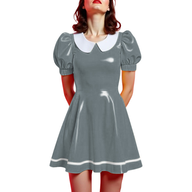Peter Pan Collar Mini Vintage Swing Dresses Glossy PVC Leather Puff Sleeve A-line Short Dress Women Elegant Preppy Style Dress