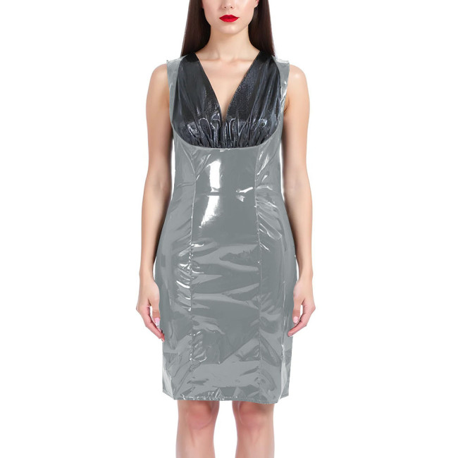 Sexy Knee-length Dresses Fashion Black Splice V-neck Slim Fit Club Dress PVC Shiny Leather Sleeveless Dress Women Streetwear