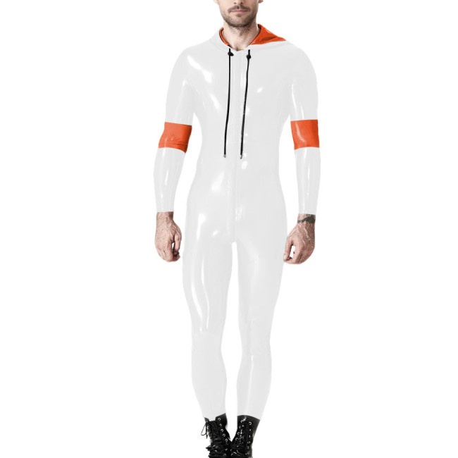 Mens Long Sleeve Patchwork Hoodies Pants Romper Male Wetlook PVC Leather Catsuit Party Zip Up Cosplay Bodysuit Casual Jumpsuit