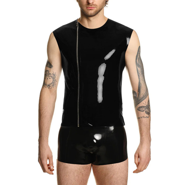 Man Zipper Side Wetlook Vest Jackets Round Neck Motorcycle PVC Leather Tank Coat Shinny Sleevelees Male Tank T-shirts Waistcoat