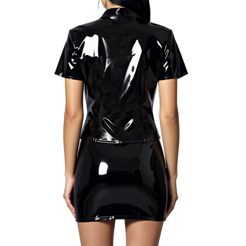 PVC Faux Leather Dress Sets for Women 2 Piece Set Outfit Hollow Out Lace-up Short Sleeve Tops and Mini Skirt Party Club Wear