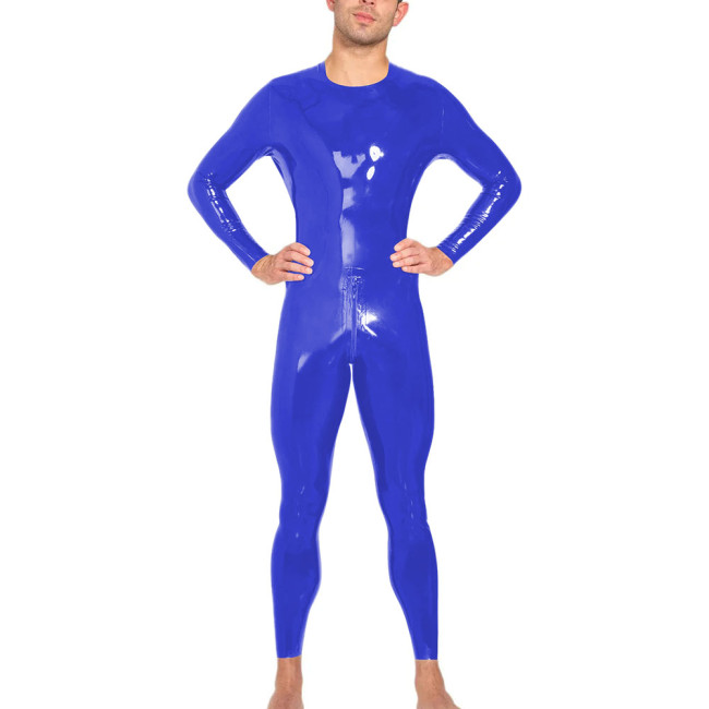 Mens Long Sleeves Bodycon Catsuit Glossy PVC Leather O-neck Tight Jumpsuit Raves Party Cosplay Bodysuit Zipper Crotch Clubwear