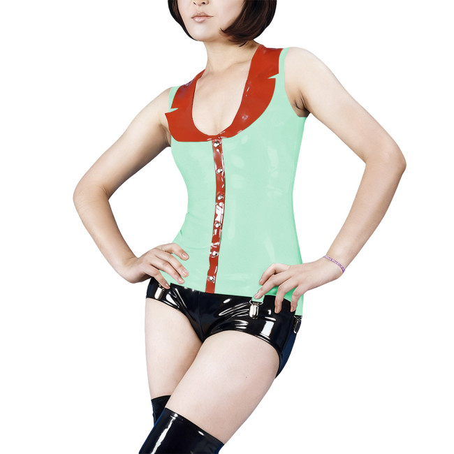 Women Wetlook PVC Leather Sleeveless Shirts Sexy Turn-down Collar Single Breasted Slim Tank Top for Club Party Festival Raves