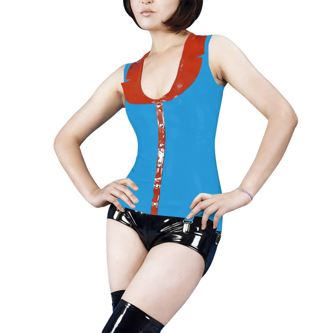 Women Wetlook PVC Leather Sleeveless Shirts Sexy Turn-down Collar Single Breasted Slim Tank Top for Club Party Festival Raves