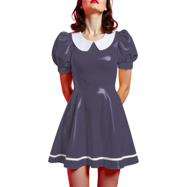 Peter Pan Collar Mini Vintage Swing Dresses Glossy PVC Leather Puff Sleeve A-line Short Dress Women Elegant Preppy Style Dress