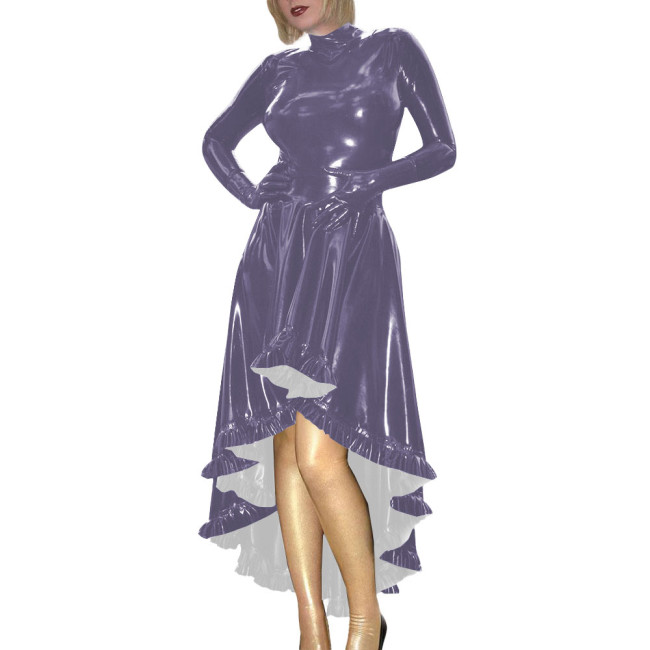 Coctail Party Glossy High Low Swing Dresses Vintage PVC Shiny Leather Women Pleated Gloved Dress Carnival Vestidos Plus Size