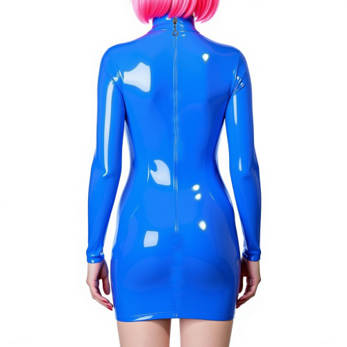 Plus Size Long Sleeve Bodycon Mini Dress PVC Leather High Neck Solid Slim Fit Short Dressses Elegant Women's Dress Streetwear