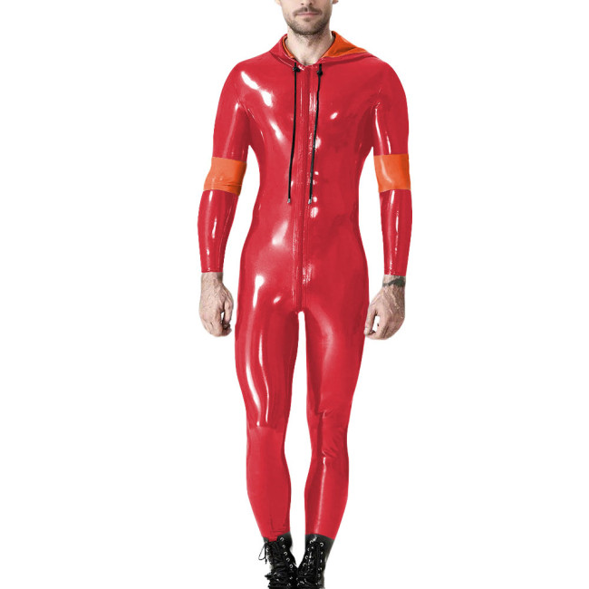 Mens Long Sleeve Patchwork Hoodies Pants Romper Male Wetlook PVC Leather Catsuit Party Zip Up Cosplay Bodysuit Casual Jumpsuit
