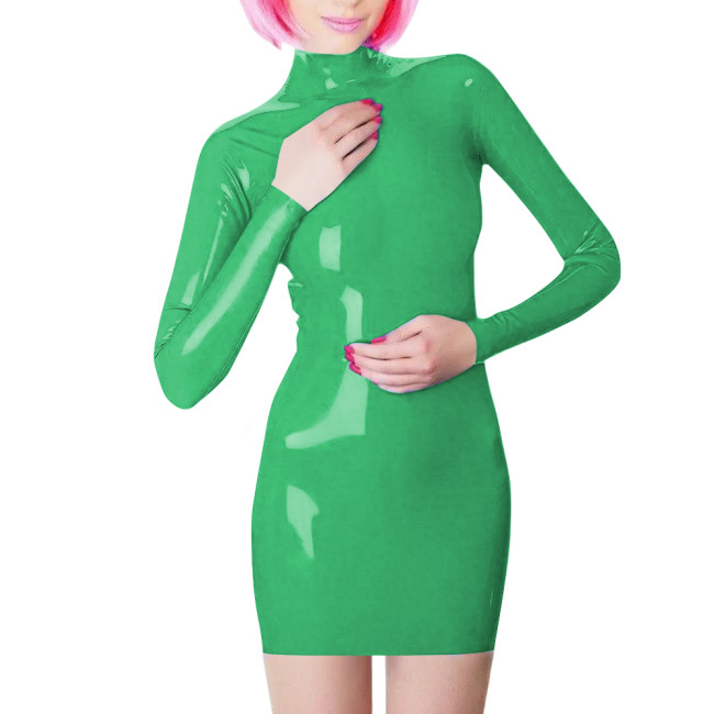 Plus Size Long Sleeve Bodycon Mini Dress PVC Leather High Neck Solid Slim Fit Short Dressses Elegant Women's Dress Streetwear