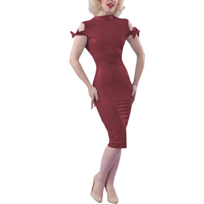 Ladies Sexy Bodycon Midi Party Dress Women Elegant Classic PVC Shiny Tight Dress Wetlook Outfit Bow Short Sleeve Skinny Dress