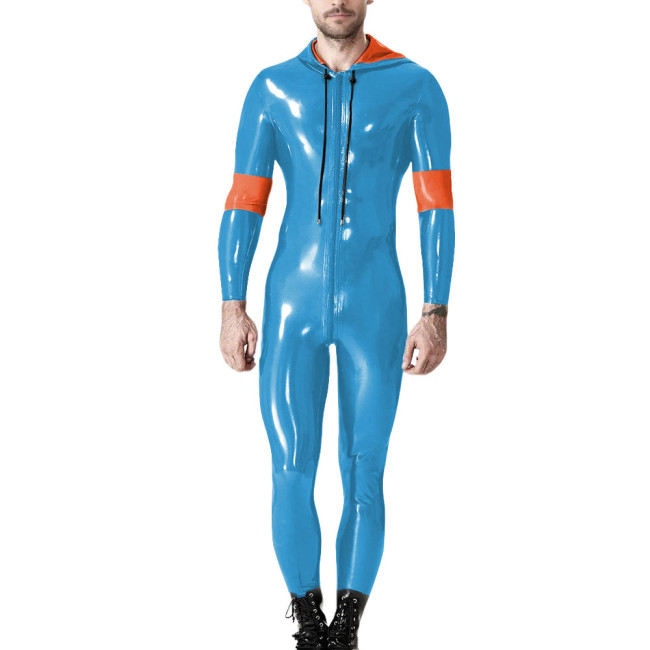 Mens Long Sleeve Patchwork Hoodies Pants Romper Male Wetlook PVC Leather Catsuit Party Zip Up Cosplay Bodysuit Casual Jumpsuit
