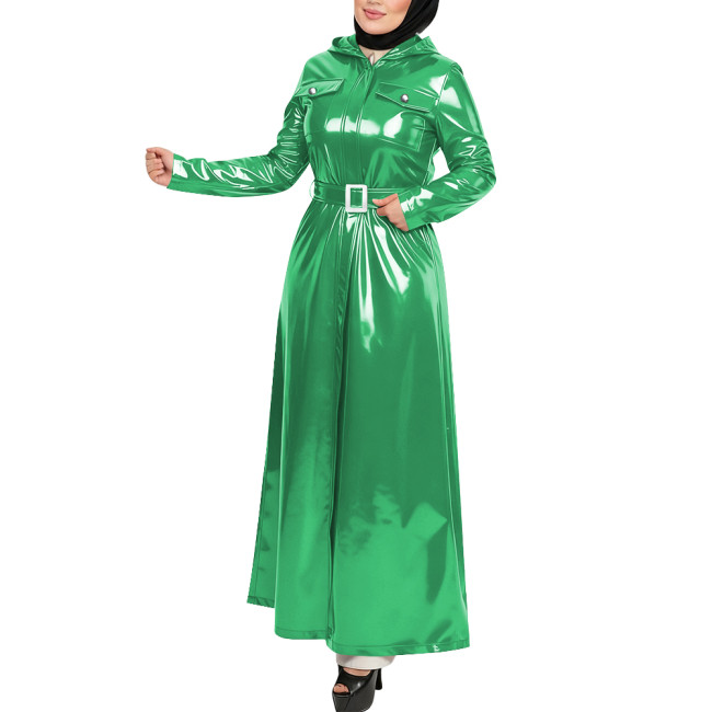 Plus Size Gothic Hooded Long Dress Full Sleeves Pockets Wetlook Trench Coat with Belt Womens PVC Shiny Maxi Jacket Overcoat Tops