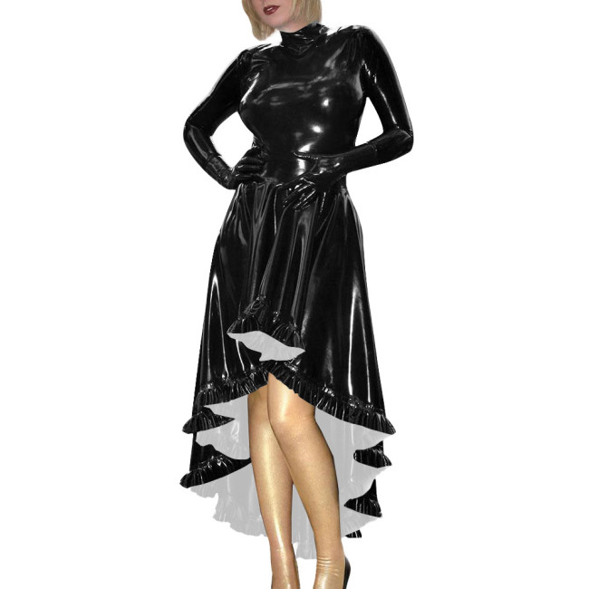 Coctail Party Glossy High Low Swing Dresses Vintage PVC Shiny Leather Women Pleated Gloved Dress Carnival Vestidos Plus Size
