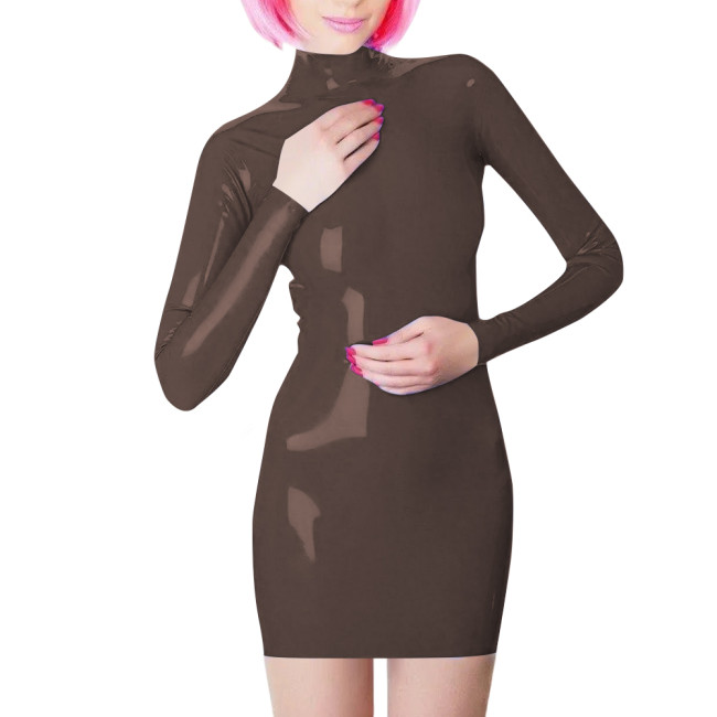 Plus Size Long Sleeve Bodycon Mini Dress PVC Leather High Neck Solid Slim Fit Short Dressses Elegant Women's Dress Streetwear