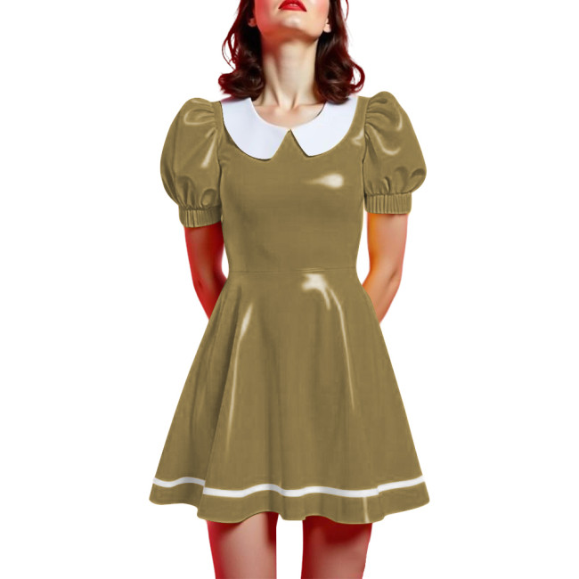 Peter Pan Collar Mini Vintage Swing Dresses Glossy PVC Leather Puff Sleeve A-line Short Dress Women Elegant Preppy Style Dress