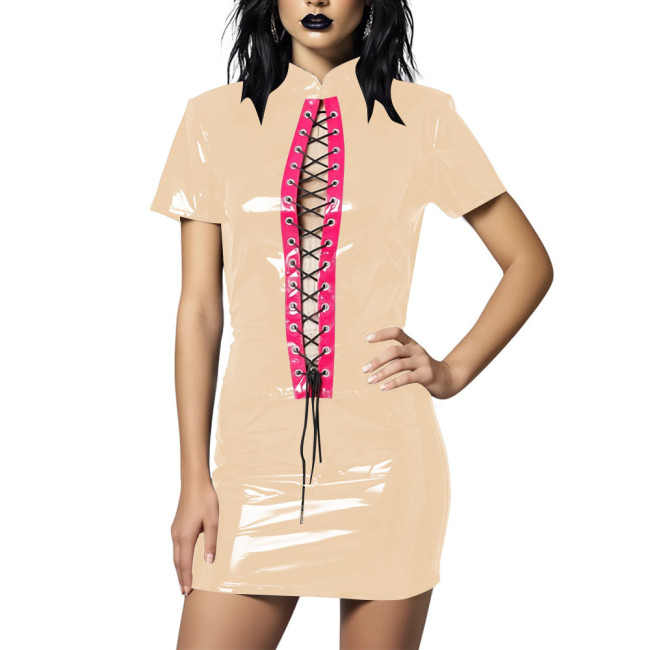 PVC Faux Leather Dress Sets for Women 2 Piece Set Outfit Hollow Out Lace-up Short Sleeve Tops and Mini Skirt Party Club Wear