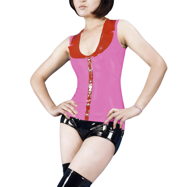 Women Wetlook PVC Leather Sleeveless Shirts Sexy Turn-down Collar Single Breasted Slim Tank Top for Club Party Festival Raves