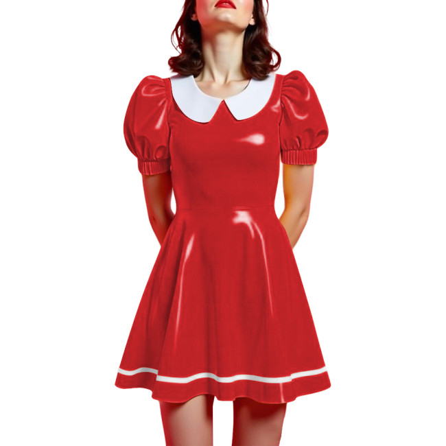 Peter Pan Collar Mini Vintage Swing Dresses Glossy PVC Leather Puff Sleeve A-line Short Dress Women Elegant Preppy Style Dress
