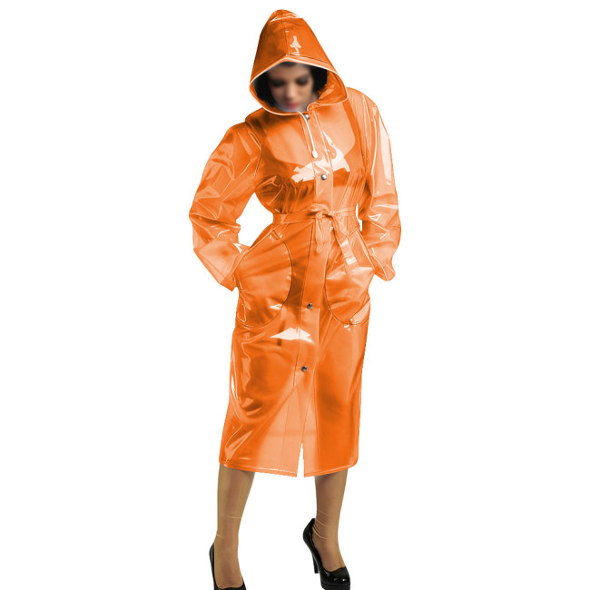 Women Club Vinyl Plastic Hooded Trench Coat Long Sleeve Fashion Clear PVC Long Coats Exotic Button-up Jackets Plus Size Outwear