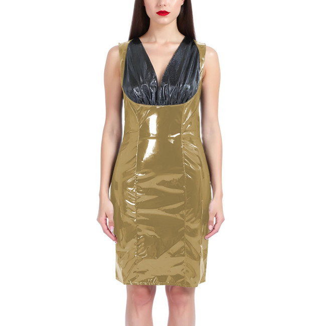 Sexy Knee-length Dresses Fashion Black Splice V-neck Slim Fit Club Dress PVC Shiny Leather Sleeveless Dress Women Streetwear