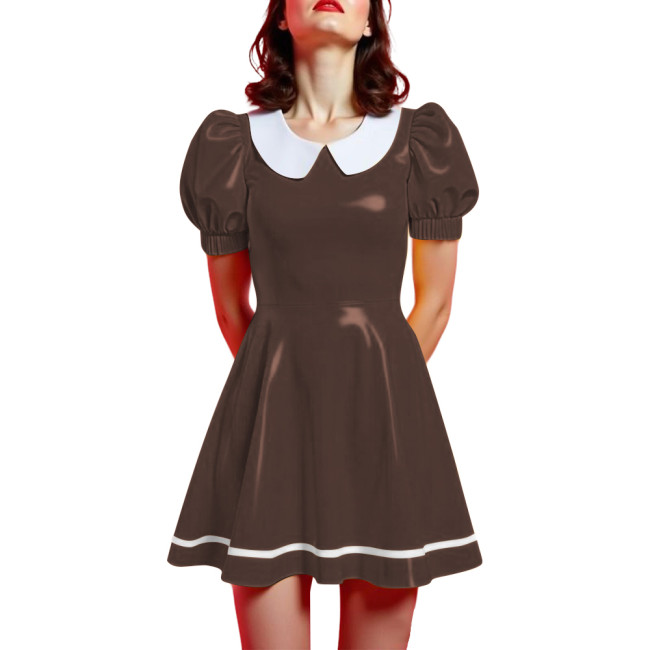 Peter Pan Collar Mini Vintage Swing Dresses Glossy PVC Leather Puff Sleeve A-line Short Dress Women Elegant Preppy Style Dress