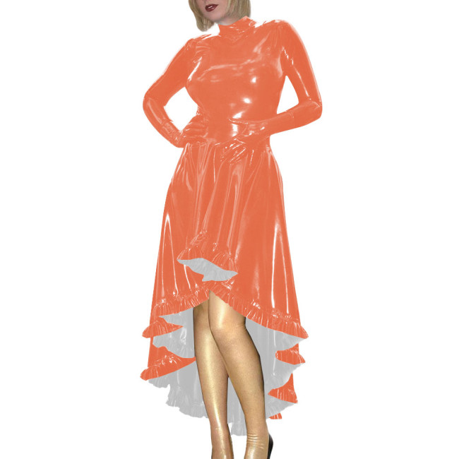 Coctail Party Glossy High Low Swing Dresses Vintage PVC Shiny Leather Women Pleated Gloved Dress Carnival Vestidos Plus Size