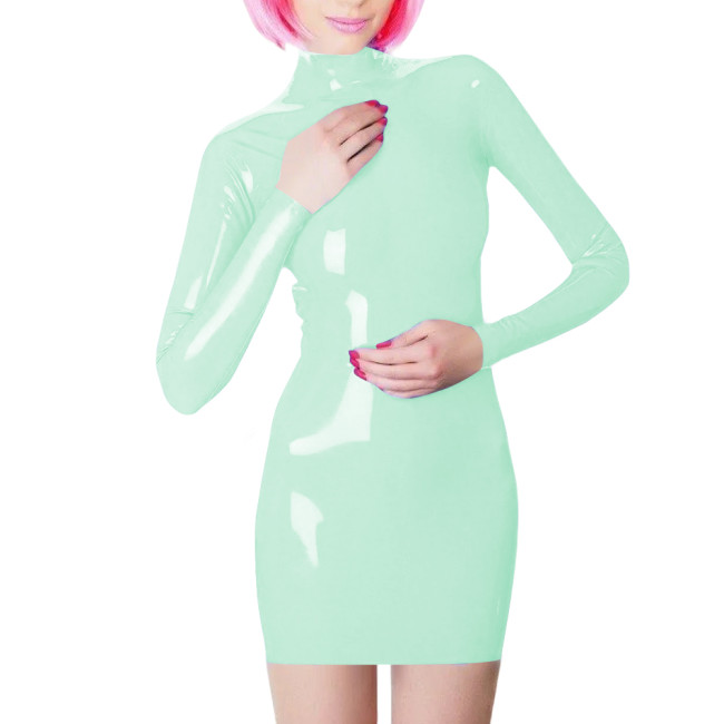 Plus Size Long Sleeve Bodycon Mini Dress PVC Leather High Neck Solid Slim Fit Short Dressses Elegant Women's Dress Streetwear