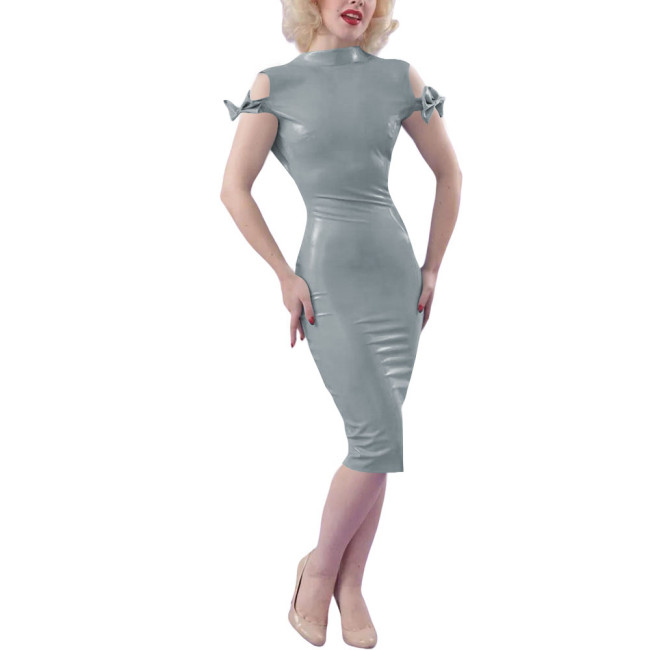 Ladies Sexy Bodycon Midi Party Dress Women Elegant Classic PVC Shiny Tight Dress Wetlook Outfit Bow Short Sleeve Skinny Dress
