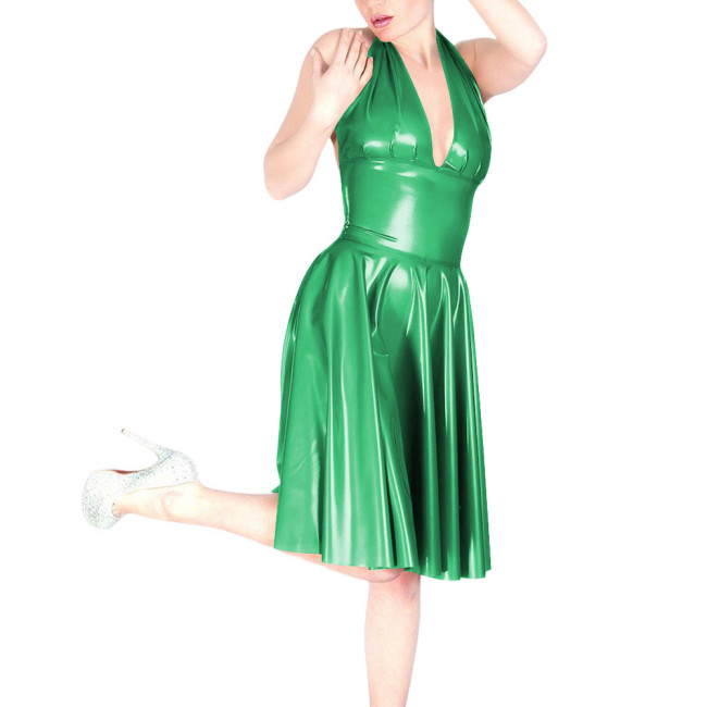 Ladies Chic Sexy Sleeveless Pleated PVC Dress for Coctail Party Outfits Women Halter V-Neck Shiny Faux Leather Knee-length Dress