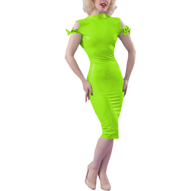 Ladies Sexy Bodycon Midi Party Dress Women Elegant Classic PVC Shiny Tight Dress Wetlook Outfit Bow Short Sleeve Skinny Dress