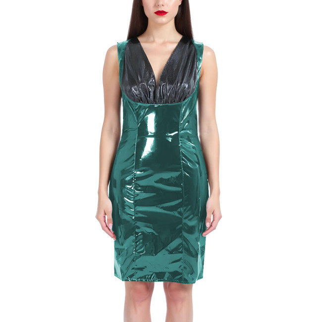 Sexy Knee-length Dresses Fashion Black Splice V-neck Slim Fit Club Dress PVC Shiny Leather Sleeveless Dress Women Streetwear