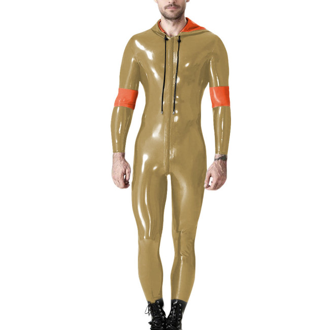 Mens Long Sleeve Patchwork Hoodies Pants Romper Male Wetlook PVC Leather Catsuit Party Zip Up Cosplay Bodysuit Casual Jumpsuit
