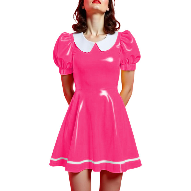 Peter Pan Collar Mini Vintage Swing Dresses Glossy PVC Leather Puff Sleeve A-line Short Dress Women Elegant Preppy Style Dress