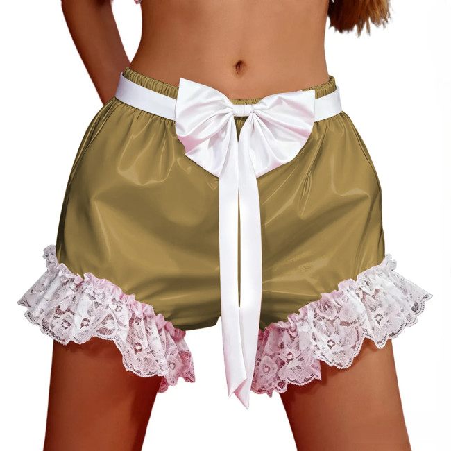 Wetlook Lolita PVC Leather Shorts Unisex Adult Ruffled Lace Mini Pumpkin Bloomers Party Cosplay Accessory Bows Loose Hot Pants