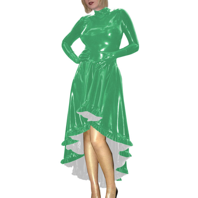 Coctail Party Glossy High Low Swing Dresses Vintage PVC Shiny Leather Women Pleated Gloved Dress Carnival Vestidos Plus Size