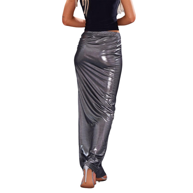 Ladies Stretch Slim Pencil Skirt Liquid Metallic Sexy Thigh Splits Tight Long Skirts Womens Shiny Clubwer Festival Rave Clothing