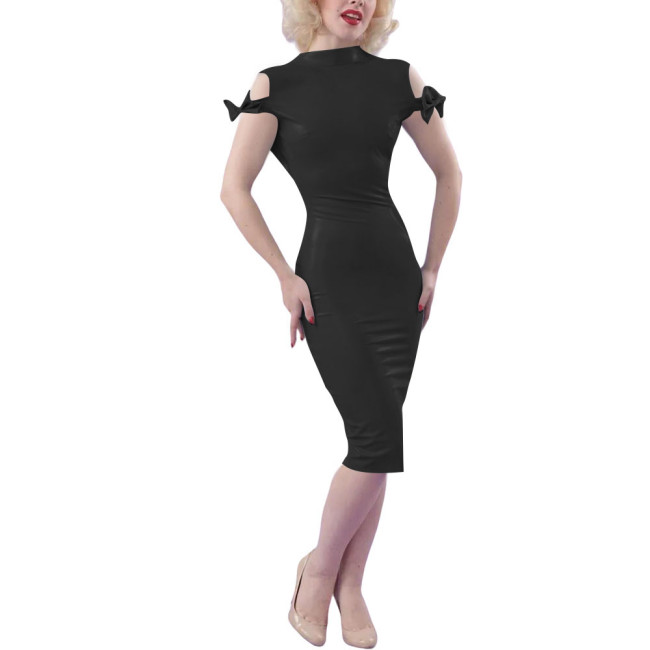 Ladies Sexy Bodycon Midi Party Dress Women Elegant Classic PVC Shiny Tight Dress Wetlook Outfit Bow Short Sleeve Skinny Dress