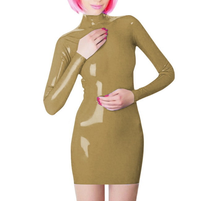 Plus Size Long Sleeve Bodycon Mini Dress PVC Leather High Neck Solid Slim Fit Short Dressses Elegant Women's Dress Streetwear