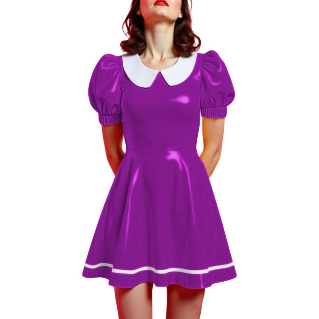 Peter Pan Collar Mini Vintage Swing Dresses Glossy PVC Leather Puff Sleeve A-line Short Dress Women Elegant Preppy Style Dress