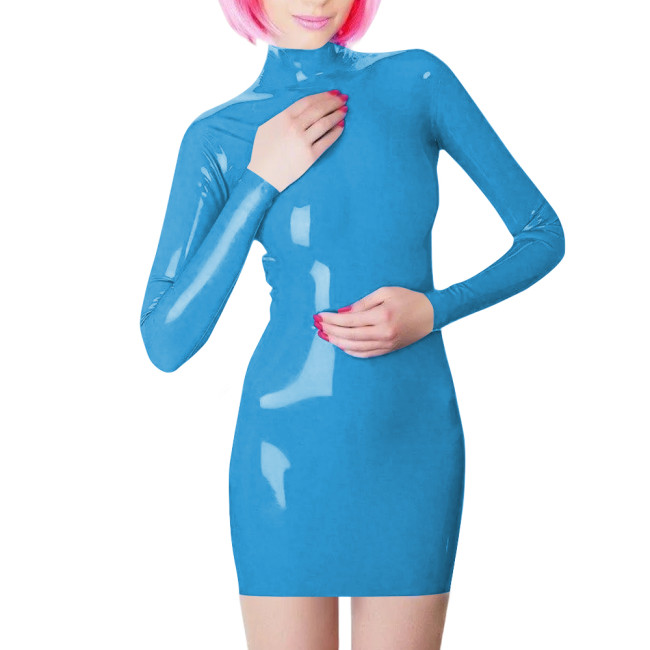 Plus Size Long Sleeve Bodycon Mini Dress PVC Leather High Neck Solid Slim Fit Short Dressses Elegant Women's Dress Streetwear