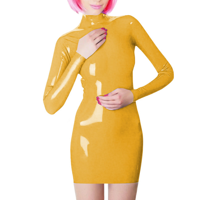 Plus Size Long Sleeve Bodycon Mini Dress PVC Leather High Neck Solid Slim Fit Short Dressses Elegant Women's Dress Streetwear