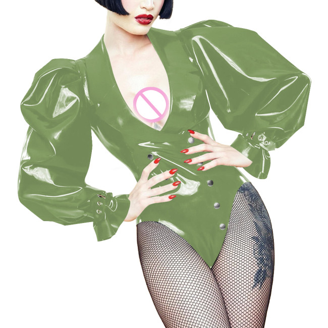Fashion Vinyl PVC Leather Womens Bodysuit Club Puff Long Sleeves Button-up Short Rompers Nightclub Cosplay V-neck Playsuit 7XL