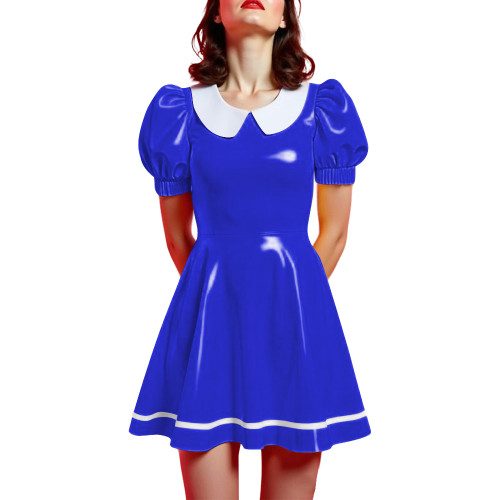 Peter Pan Collar Mini Vintage Swing Dresses Glossy PVC Leather Puff Sleeve A-line Short Dress Women Elegant Preppy Style Dress